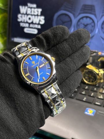 BINBOND Luxury Men's Quartz Watch – 3D Diamond Cut Blue Dial – Stainless Steel Strap